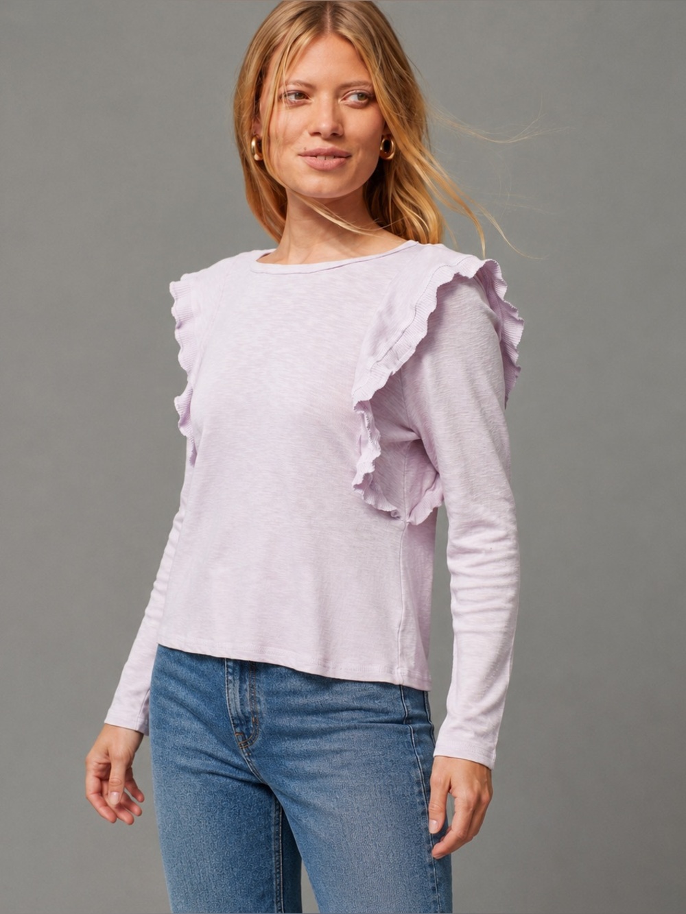 Anthropologie Eri + Ali Ruffle 100% Cotton Washed Lavender Long Sleeve Top XL